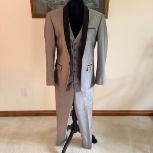 Retro Paris Tuxedo Suit Mens 32x28 Silver 3 Piece Slim Fit Shawl Lapel Wedding